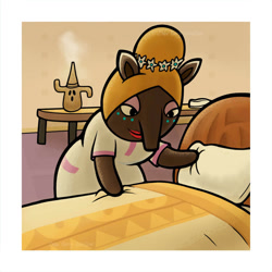 Size: 1001x1000 | Tagged: safe, artist:jellysoupstudios, luna (animal crossing), mammal, tapir, anthro, animal crossing, nintendo, 2d, bed, blanket, female, pillow, solo, solo female
