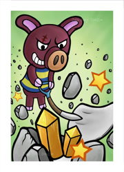 Size: 721x1000 | Tagged: safe, artist:jellysoupstudios, mammal, pig, suid, anthro, animal crossing, nintendo, 2d, gold, male, rasher (animal crossing), rock, scar, shovel, solo, solo male