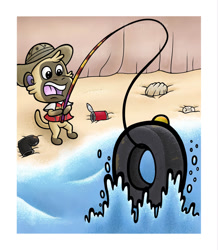Size: 1300x1491 | Tagged: safe, artist:jellysoupstudios, mammal, monkey, primate, anthro, animal crossing, nintendo, 2d, beach, deli (animal crossing), fishing, fishing rod, male, open mouth, sand, seaside, solo, solo male, tire, water