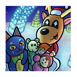 Size: 1001x1000 | Tagged: safe, artist:jellysoupstudios, jingle (animal crossing), cervid, deer, mammal, reindeer, animal crossing, nintendo, 2d, christmas, clothes, hat, headwear, holiday, looking at you, male, plushie, santa hat, smiling, smiling at you, snow, solo, solo male, sparkly eyes, wingding eyes, winter