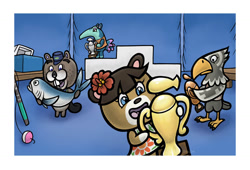 Size: 1300x885 | Tagged: safe, artist:jellysoupstudios, chip (animal crossing), june (animal crossing), anteater, bear, beaver, bird, bird of prey, eagle, fish, mammal, anthro, animal crossing, nintendo, 2d, avery (animal crossing), female, fishing rod, group, male, open mouth, open smile, pango (animal crossing), smiling, trophy