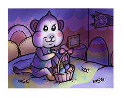 Size: 1000x791 | Tagged: safe, artist:jellysoupstudios, mammal, monkey, primate, animal crossing, nintendo, 2d, bed, blanket, chocolate, easter, easter egg, eating, female, food, nana (animal crossing), pillow, solo, solo female