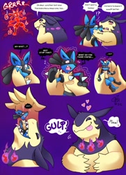 Size: 928x1280 | Tagged: suggestive, artist:sdamned, fictional species, hisuian typhlosion, lucario, mammal, typhlosion, anthro, nintendo, pokémon, ambiguous gender, comic, fire, licking, licking lips, sharp teeth, shrinking, soul vore, starter pokémon, swallowing, teeth, tongue, tongue out, vore