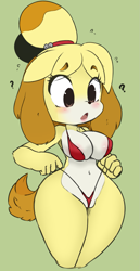 Size: 993x1920 | Tagged: suggestive, artist:pawtsun, artist:tenshigarden, collaboration, edit, isabelle (animal crossing), canine, dog, mammal, shih tzu, anthro, digitigrade anthro, animal crossing, nintendo, 2018, belly button, bikini, black nose, blushing, breasts, cameltoe, clothes, color edit, digital art, ears, eyelashes, female, fur, hair, looking down, nipple slip, open mouth, red bikini, red swimsuit, simple background, solo, solo female, swimsuit, tail, thighs, tongue, wardrobe malfunction, wedgie, wide hips
