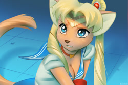 Size: 1000x666 | Tagged: safe, artist:miles-df, usagi tsukino (sailor moon), cat, feline, mammal, anthro, sailor moon, 2020, accessories, anthrofied, black nose, blue eyes, bottomwear, breasts, choker, cleavage, clothes, detailed background, digital art, ears, eyelashes, featured image, female, fur, furrified, hair, meme, sailor moon redraw, shirt, skirt, solo, solo female, tail, topwear, whiskers