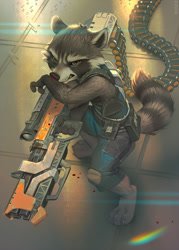 Size: 750x1050 | Tagged: safe, artist:miles-df, rocket raccoon (marvel), mammal, procyonid, raccoon, anthro, semi-anthro, guardians of the galaxy, marvel, 2020, black nose, blood, clothes, detailed background, digital art, ears, fur, gritted teeth, gun, looking at you, machinegun, male, minigun, nosebleed, sharp teeth, solo, solo male, suit, tail, teeth, weapon