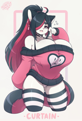 Size: 1834x2695 | Tagged: safe, artist:secretly_saucy, oc, oc:nikki (saucy), cat, feline, mammal, anthro, arms behind head, border, bottomwear, breasts, clothes, female, goth, huge breasts, legwear, nipple outline, panties, solo, solo female, striped clothes, striped legwear, sweater, tail, thick thighs, thighs, topwear, underwear, white border, wide hips
