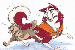 Size: 800x531 | Tagged: safe, artist:stray-sketches, aleu (balto), jenna (balto), canine, dog, husky, hybrid, mammal, wolf, wolfdog, feral, balto (series), 2022, 2d, cute, daughter, duo, duo female, female, females only, mother, mother and daughter, paw pads, paws, puppy, traditional art, young
