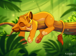 Size: 2000x1491 | Tagged: safe, artist:kamirah, simba (the lion king), big cat, feline, lion, mammal, feral, disney, the lion king, 2018, cub, male, paw pads, paws, sleeping, solo, solo male, young