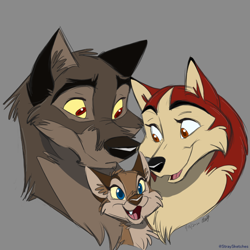 Size: 800x800 | Tagged: safe, artist:stray-sketches, aleu (balto), balto (balto), jenna (balto), canine, dog, husky, hybrid, mammal, wolf, wolfdog, feral, balto (series), 2020, 2d, bust, cute, daughter, digital art, family, father, father and child, father and daughter, female, gray background, group, husband, husband and wife, male, mother, mother and daughter, puppy, simple background, trio, wife, young