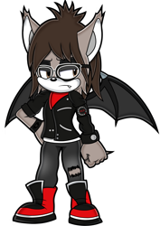 Size: 1600x2257 | Tagged: source needed, safe, artist:toyminator900, bat, mammal, vampire bat, anthro, mikey way, my chemical romance, sega, sonic the hedgehog (series), 2021, anthrofied, armband, bat wings, black wings, brown eyes, brown hair, clothes, commission, ear fluff, eyeshadow, fangs, fluff, frowning, fur, furrified, glasses, hair, hand on hip, jacket, jeans, lidded eyes, makeup, male, pants, ripped jeans, ripped pants, sharp teeth, shirt, shoes, simple background, solo, solo male, sonicified, standing, tail, tan body, tan fur, teeth, topwear, torn clothes, transparent background, undershirt, webbed wings, wings, wristband