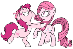 Size: 586x399 | Tagged: safe, artist:noi kincade, oc, oc only, oc:annisa trihapsari, oc:siti shafiyyah, earth pony, equine, fictional species, mammal, pony, unicorn, feral, friendship is magic, hasbro, my little pony, 2022, annibutt, butt, duo, duo female, female, females only, grin, gritted teeth, hair, heart, low res, mane, mare, simple background, teeth, transparent background