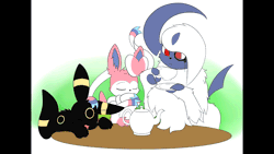 Size: 2000x1125 | Tagged: safe, artist:thelasthope, absol, eeveelution, fictional species, mammal, sylveon, umbreon, feral, nintendo, pokémon, 2021, 2d, 2d animation, ambiguous gender, ambiguous only, animated, gif, group, letterboxing, tea party, teacup, teapot, trio, trio ambiguous