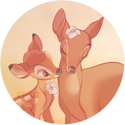 Size: 2449x2449 | Tagged: safe, artist:alantka, bambi (bambi), bambi's mother (bambi), cervid, deer, mammal, feral, bambi (film), disney, 2018, 2d, doe, duo, eyes closed, fawn, female, flower, male, mother, mother and child, mother and son, partially transparent background, plant, son, transparent background, ungulate, young