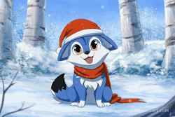 Size: 1050x700 | Tagged: safe, artist:seyumei, canine, dog, husky, mammal, feral, 2016, 2d, 2d animation, ambiguous gender, animated, barking, christmas, clothes, commission, cute, front view, gif, hat, headwear, holiday, looking at you, santa hat, smiling, smiling at you, snow, snowfall, solo, solo ambiguous, tail, tail wag, winter