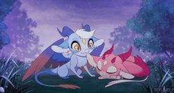 Size: 800x428 | Tagged: safe, artist:seyumei, dragon, fictional species, furred dragon, western dragon, feral, 2020, 2d, 2d animation, ambiguous gender, ambiguous only, animated, biting, cute, duo, duo ambiguous, ear bite, gif, pulling, sleeping