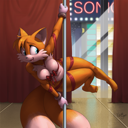 Size: 900x900 | Tagged: suggestive, alternate version, artist:kevinsano, miles "tails" prower (sonic), canine, fox, mammal, red fox, anthro, plantigrade anthro, sega, sonic the hedgehog (series), 2017, belly button, bikini, black nose, breasts, cheek fluff, clothes, detailed background, digital art, ears, eyelashes, female, fluff, fur, hair, mila "tails" prower, multiple tails, open mouth, pole dancing, ribbon, rule 63, slightly chubby, solo, solo female, stripper pole, swimsuit, tail, tailsko, thighs, tongue, two tails, vixen