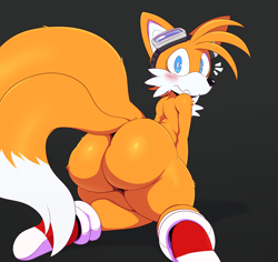 Size: 2706x2553 | Tagged: suggestive, artist:ss2sonic, miles "tails" prower (sonic), canine, fox, mammal, red fox, anthro, sega, sonic the hedgehog (series), 2017, black nose, blushing, butt, cheek fluff, digital art, ears, fluff, fur, goggles, goggles on head, hair, kneeling, looking at you, looking back, looking back at you, male, multiple tails, nudity, pose, shoes only, simple background, solo, solo male, tail, thighs, two tails