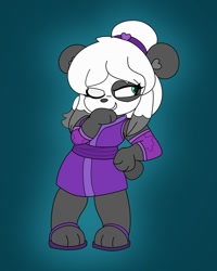 Size: 1080x1349 | Tagged: safe, artist:jkop, oc, oc only, oc:xai (brestar0), bear, mammal, panda, anthro, 2022, armwarmers, blue background, clothes, eyelashes, female, gray nose, green eyes, hair, hair bun, hair tie, hand on face, kimono (clothing), looking to the side, one eye closed, sandals, shoes, short tail, simple background, smiling, solo, solo female, tail, white hair