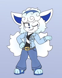Size: 1646x2048 | Tagged: safe, artist:jkop, oc, oc only, oc:holly (jkop), alolan vulpix, fictional species, vulpix, anthro, nintendo, pokémon, 2021, belt, big tail, blue eyes, blue nose, clothes, eyelashes, female, fluff, freckles, fur, grin, hair, hairband, hand on hip, jacket, jeans, looking to the side, multicolored fur, multicolored hair, one eye closed, pants, sandals, shirt, shoes, simple background, solo, solo female, tail, tail fluff, topwear, two toned body, two toned fur, two toned hair, winking