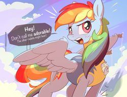 Size: 2500x1909 | Tagged: safe, artist:nookprint, rainbow dash (mlp), equine, fictional species, mammal, pegasus, pony, feral, friendship is magic, hasbro, my little pony, 2022, 2d, angry, blushing, dialogue, female, i'm not cute, looking at you, mare, solo, solo female, talking, talking to viewer, tomboy, tsundere