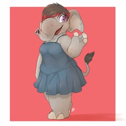 Size: 2500x2500 | Tagged: safe, artist:louart, elephant, mammal, anthro, 2d, black hair, breasts, clothes, cute, dress, female, front view, gray body, hair, looking at you, open mouth, purple eyes, solo, solo female, three-quarter view