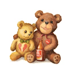 Size: 1080x1080 | Tagged: safe, artist:joaquincarre, bear, living plushie, mammal, semi-anthro, alcohol, ambiguous gender, ambiguous only, beer, drink, duo, duo ambiguous, paw pads, paws, plushie, simple background, teddy bear, white background