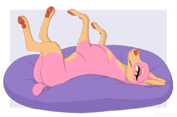 Size: 1446x954 | Tagged: safe, artist:prettypinkpony, canine, doberman, dog, mammal, feral, 2d, cushion, ear piercing, earring, female, looking at you, lying down, on back, paw pads, paws, piercing, solo, solo female