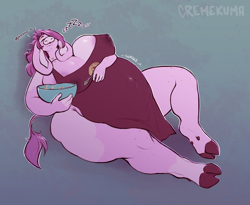 Size: 1280x1051 | Tagged: suggestive, artist:cremekuma, oc, oc:mulberry tart, bovid, cattle, cow, mammal, anthro, apron, big belly, breasts, clothes, cloven hooves, cookie dough, female, hooves, huge breasts, lactation through clothing, naked apron, nipple outline, nudity, partial nudity, sleeping, solo, solo female, thick thighs, thighs, wide hips