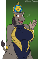 Size: 3072x4096 | Tagged: safe, artist:kevlarproduct, taweret (moon knight), hippopotamus, mammal, anthro, moon knight, blushing, breasts, clothes, female, headdress, huge breasts, one-piece swimsuit, solo, solo female, swimsuit, tail