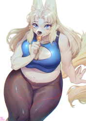 Size: 724x1024 | Tagged: safe, artist:aruurara, canine, fox, mammal, anthro, big breasts, boob window, breasts, cleavage, clothes, eating, female, food, popsicle, solo, solo female, tail, thick thighs, thighs, wide hips