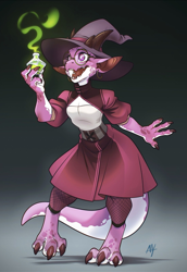 Size: 1101x1600 | Tagged: safe, artist:ayemev, fictional species, kobold, reptile, anthro, clothes, dress, female, hat, headwear, horns, potion, solo, solo female, tail, witch hat