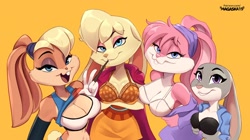 Size: 2048x1146 | Tagged: suggestive, artist:magaska19, babs bunny (tiny toon adventures), bianca (spyro), judy hopps (zootopia), lola bunny (looney tunes), lagomorph, mammal, rabbit, anthro, disney, looney tunes, space jam, space jam: a new legacy, spyro the dragon (series), tiny toon adventures, warner brothers, zootopia, bedroom eyes, blonde hair, blue eyes, bottomwear, bra, breasts, cleavage, clothes, confident, crossover, female, female/female, females only, fur, gloves, gray body, gray fur, hair, looking at you, multicolored fur, peach body, peach fur, pink body, pink fur, pink hair, presenting, purple eyes, shirt, shirt lift, shy, skirt, smiling, sultry pose, topwear, two toned body, two toned fur, underwear, undressing, white body, white fur, yellow body, yellow fur
