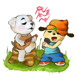 Size: 800x778 | Tagged: safe, artist:blynxee, k.k. slider (animal crossing), parappa (parappa the rapper), canine, dog, jack russell terrier, mammal, terrier, anthro, animal crossing, nintendo, parappa the rapper, 2d, crossover, duo, duo male, eyes closed, guitar, male, males only, microphone, musical instrument, musical note, playing musical instrument, simple background, singing, white background