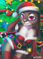 Size: 937x1280 | Tagged: safe, artist:elinnayt, judy hopps (zootopia), lagomorph, mammal, rabbit, anthro, disney, zootopia, 2021, breasts, cheek fluff, christmas, christmas tree, clothes, conifer tree, costume, detailed background, digital art, ears, eyelashes, female, fluff, fur, hat, headwear, holiday, legwear, looking at you, pink nose, santa costume, santa hat, solo, solo female, stockings, tail, thighs, tree, wide hips