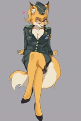 Size: 1371x2048 | Tagged: safe, artist:wani77790074, lt. fox vixen (squirrel and hedgehog), canine, fox, mammal, anthro, squirrel and hedgehog, clothes, female, glasses, heart, one eye closed, simple background, solo, solo female, uniform, winking