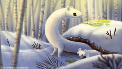 Size: 1000x569 | Tagged: safe, artist:cryptid-creations, mammal, mustelid, stoat, weasel, feral, 2021, 2d, ambiguous gender, ambiguous only, duo, duo ambiguous, snow, winter