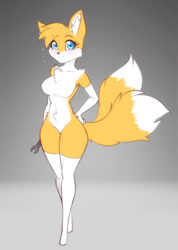 Size: 1279x1800 | Tagged: safe, artist:scorpdk, miles "tails" prower (sonic), canine, fox, mammal, red fox, anthro, sega, sonic the hedgehog (series), 2022, blue eyes, blushing, breasts, chest fluff, clothes, dipstick tail, ear fluff, featureless breasts, female, fluff, fur, hand on hip, legwear, looking at you, mila "tails" prower, multiple tails, rule 63, shoulder fluff, smiling, solo, solo female, sparkles, standing, tail, tailsko, two tails, vixen, white body, white fur, wrench, yellow body, yellow fur