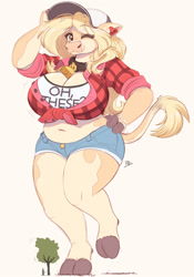 Size: 1047x1500 | Tagged: safe, artist:raps, oc, oc:sophie (raps), bovid, cattle, cow, mammal, anthro, 2022, baseball cap, belly, breasts, cap, clothes, cloven hooves, daisy dukes, female, hat, headwear, hooves, horns, huge breasts, macro, short shorts, shorts, slightly chubby, solo, solo female, tail, thick thighs, thighs, wide hips