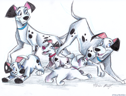 Size: 1148x879 | Tagged: safe, artist:stray-sketches, domino (101 dalmatians), little dipper (101 dalmatians), oddball (101 dalmatians), canine, dalmatian, dog, mammal, feral, 101 dalmatians, disney, 2020, 2d, female, male, puppy, simple background, traditional art, white background, young