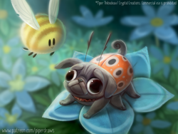 Size: 930x700 | Tagged: safe, artist:cryptid-creations, arthropod, bee, canine, dog, hybrid, insect, ladybug, mammal, pug, feral, 2020, 2d, ambiguous gender, ambiguous only, duo, duo ambiguous, flower, plant, pun, visual pun