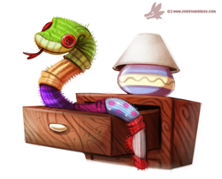 Size: 760x613 | Tagged: safe, artist:cryptid-creations, animate object, fictional species, reptile, snake, feral, 2015, 2d, ambiguous gender, button, button eyes, clothes, drawer, lamp, simple background, socks, solo, solo ambiguous, white background