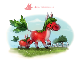 Size: 805x640 | Tagged: safe, artist:cryptid-creations, equine, fictional species, food creature, horse, mammal, feral, 2016, 2d, ambiguous gender, ambiguous only, duo, duo ambiguous, fence, foal, grass, parent and child, plant, pun, radish, tree, ungulate, visual pun, young