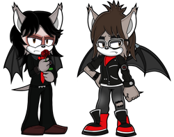 Size: 2860x2257 | Tagged: source needed, safe, artist:toyminator900, bat, mammal, vampire bat, anthro, gerard way, mikey way, my chemical romance, sega, sonic the hedgehog (series), 2021, anthrofied, armband, bat wings, belt, black hair, black wings, bottomwear, brother, brothers, brown eyes, brown hair, clothes, commission, duo, duo male, ear fluff, eyeshadow, fangs, flower, fluff, frowning, fur, furrified, glasses, hair, hand on hip, holding, jacket, jeans, lidded eyes, makeup, male, males only, necktie, pants, plant, ripped jeans, ripped pants, rose, sharp teeth, shirt, shoes, siblings, simple background, sonicified, standing, tail, tan body, tan fur, teeth, topwear, torn clothes, transparent background, undershirt, webbed wings, wings, wristband