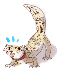 Size: 540x591 | Tagged: safe, artist:iguanamouth, canine, dalmatian, dog, gecko, hybrid, leopard gecko, lizard, mammal, reptile, feral, 2017, 2d, 2d animation, ambiguous gender, animated, blep, collar, cute, front view, gif, looking at you, simple background, smiling, smiling at you, solo, solo ambiguous, tail, tail wag, three-quarter view, tongue, tongue out, white background