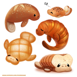 Size: 800x800 | Tagged: safe, artist:cryptid-creations, fictional species, food creature, mammal, manatee, feral, 2020, 2d, ambiguous gender, ambiguous only, bread, food, group, simple background, white background