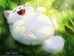 Size: 700x525 | Tagged: safe, artist:cryptid-creations, cat, feline, mammal, feral, 2020, 2d, ambiguous gender, anus, eyes closed, lying down, on back, open mouth, paw pads, paws, pun, simplistic anus, sleeping, solo, solo ambiguous, visual pun