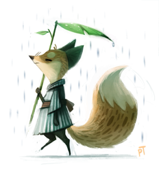 Size: 653x704 | Tagged: safe, artist:cryptid-creations, canine, fox, mammal, red fox, semi-anthro, 2014, 2d, ambiguous gender, eyes closed, leaf, leaf umbrella, rain, side view, simple background, solo, solo ambiguous, white background