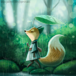 Size: 700x700 | Tagged: safe, alternate version, artist:cryptid-creations, canine, fox, mammal, red fox, semi-anthro, 2021, 2d, ambiguous gender, eyes closed, leaf, leaf umbrella, rain, side view, solo, solo ambiguous