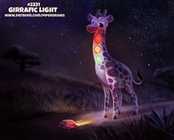 Size: 900x724 | Tagged: safe, artist:cryptid-creations, giraffe, mammal, feral, 2019, 2d, ambiguous gender, car, night, night sky, pun, sky, solo, solo ambiguous, starry night, stars, vehicle, visual pun
